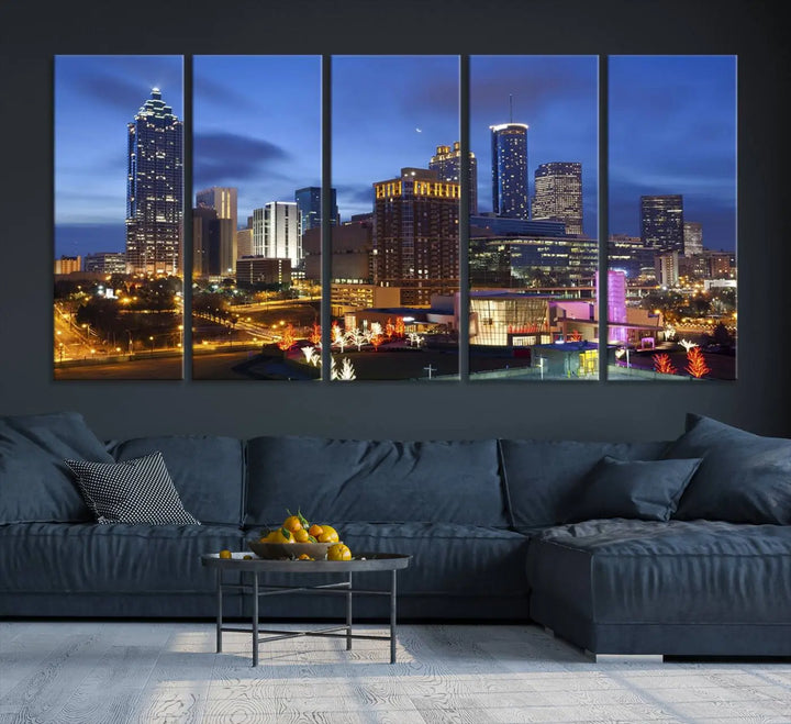 The Atlanta City Canvas Print adorns the wall, showcasing the cityscape of illuminated skyscrapers at dusk on a gallery-wrapped museum-quality canvas.