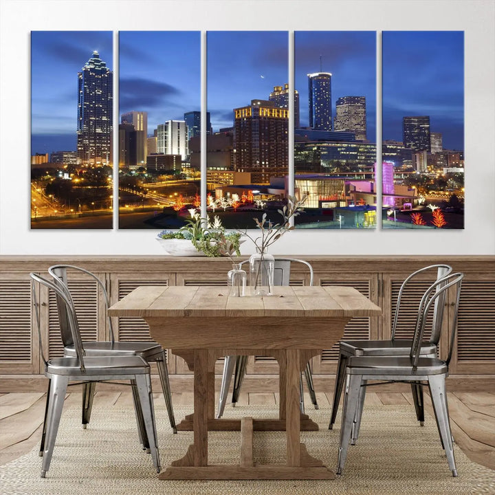 The Atlanta City Canvas Print adorns the wall, showcasing the cityscape of illuminated skyscrapers at dusk on a gallery-wrapped museum-quality canvas.