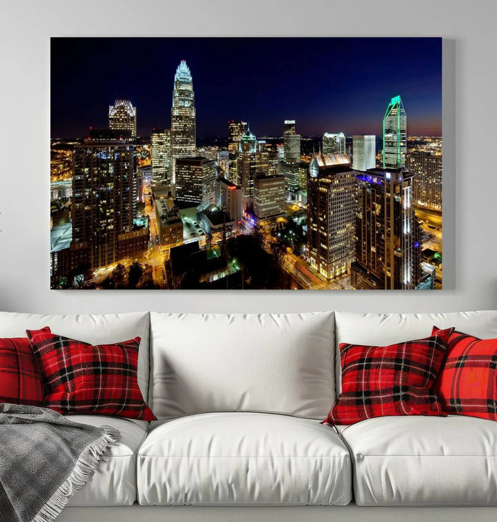 The Atlanta City Cityscape View Wall Art Canvas Print, crafted on museum-quality canvas with a UV-protective coating, elegantly hangs above the sofa.