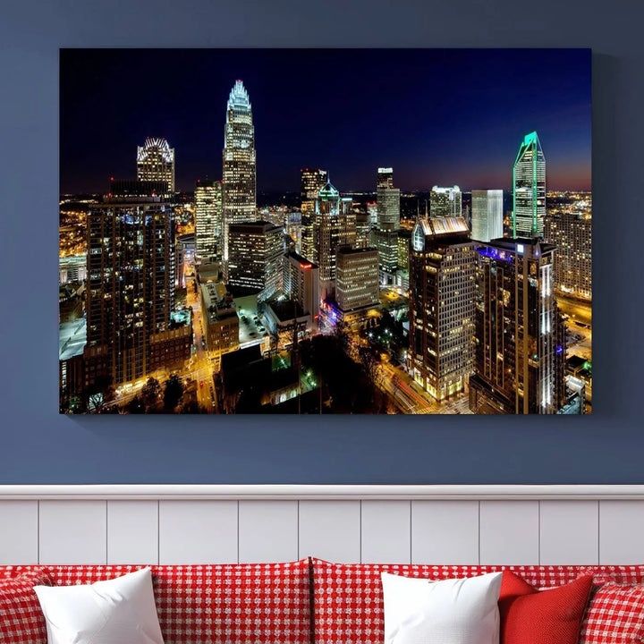 The Atlanta City Cityscape View Wall Art Canvas Print, crafted on museum-quality canvas with a UV-protective coating, elegantly hangs above the sofa.