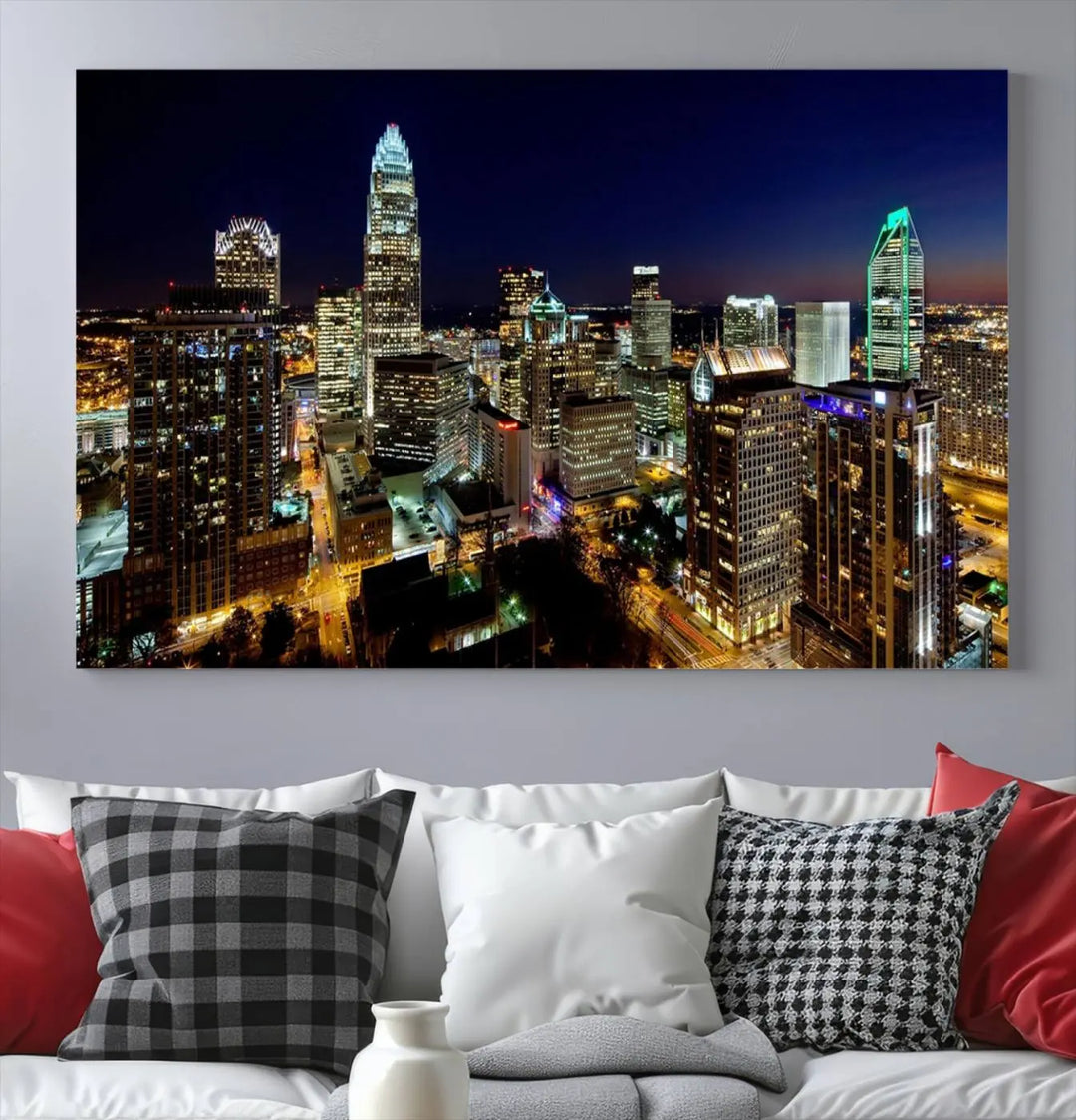 The Atlanta City Cityscape View Wall Art Canvas Print, crafted on museum-quality canvas with a UV-protective coating, elegantly hangs above the sofa.