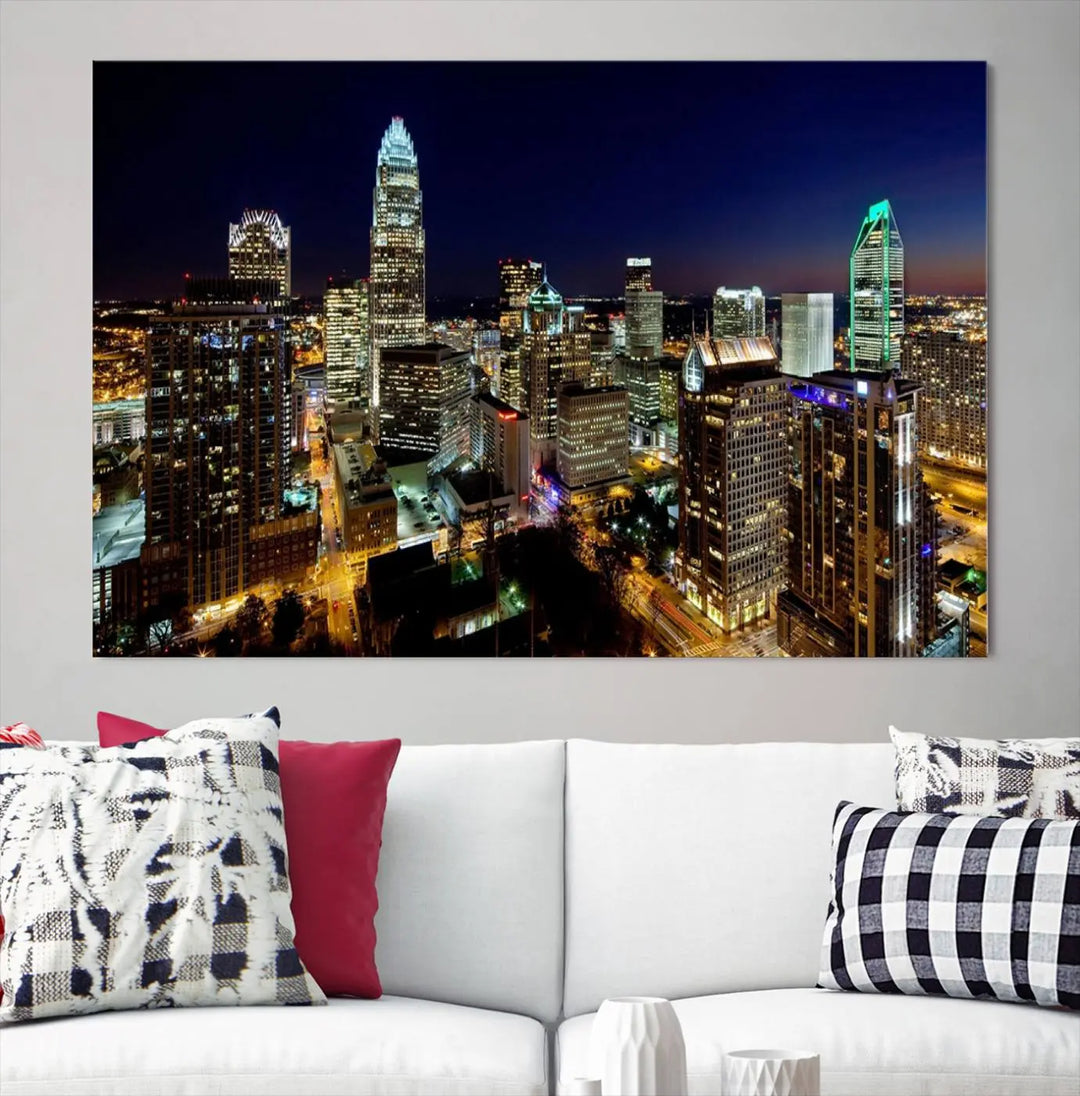 The Atlanta City Cityscape View Wall Art Canvas Print, crafted on museum-quality canvas with a UV-protective coating, elegantly hangs above the sofa.