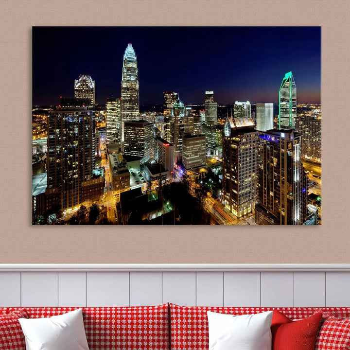 The Atlanta City Cityscape View Wall Art Canvas Print, crafted on museum-quality canvas with a UV-protective coating, elegantly hangs above the sofa.