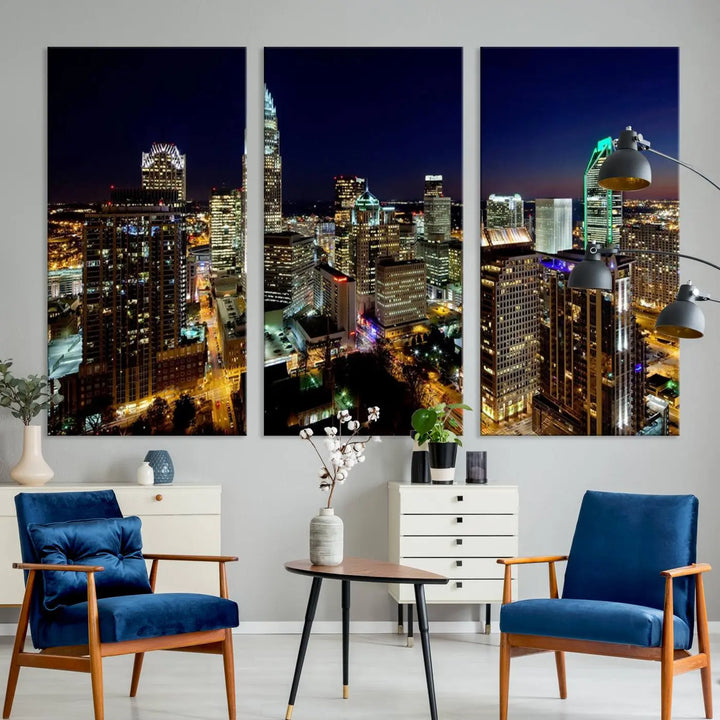 The Atlanta City Cityscape View Wall Art Canvas Print, crafted on museum-quality canvas with a UV-protective coating, elegantly hangs above the sofa.