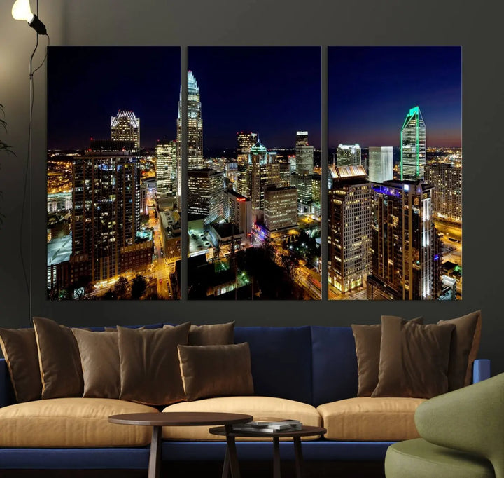 The Atlanta City Cityscape View Wall Art Canvas Print, crafted on museum-quality canvas with a UV-protective coating, elegantly hangs above the sofa.