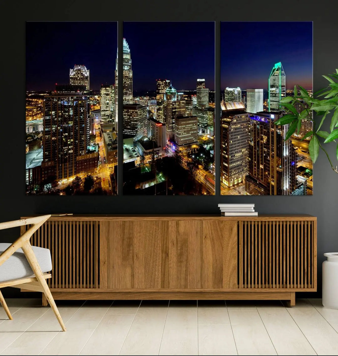 The Atlanta City Cityscape View Wall Art Canvas Print, crafted on museum-quality canvas with a UV-protective coating, elegantly hangs above the sofa.