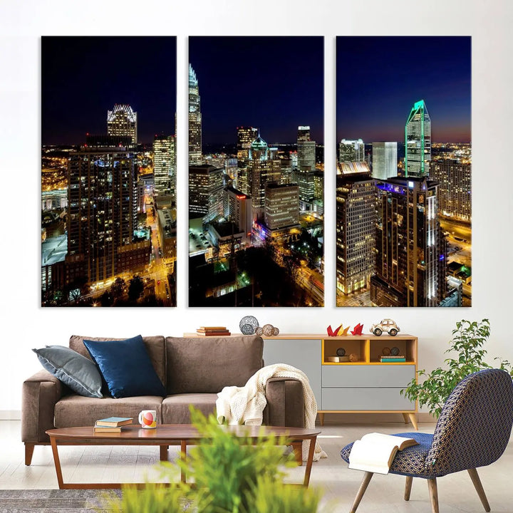 The Atlanta City Cityscape View Wall Art Canvas Print, crafted on museum-quality canvas with a UV-protective coating, elegantly hangs above the sofa.