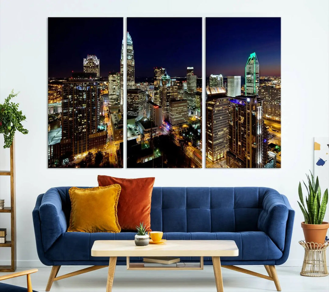 The Atlanta City Cityscape View Wall Art Canvas Print, crafted on museum-quality canvas with a UV-protective coating, elegantly hangs above the sofa.