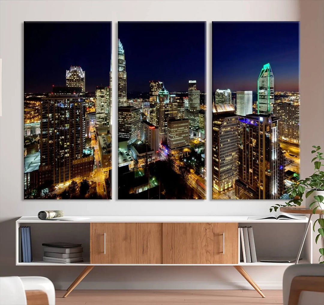 The Atlanta City Cityscape View Wall Art Canvas Print, crafted on museum-quality canvas with a UV-protective coating, elegantly hangs above the sofa.