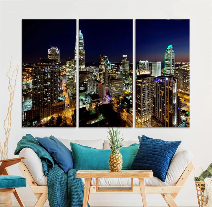 The Atlanta City Cityscape View Wall Art Canvas Print, crafted on museum-quality canvas with a UV-protective coating, elegantly hangs above the sofa.