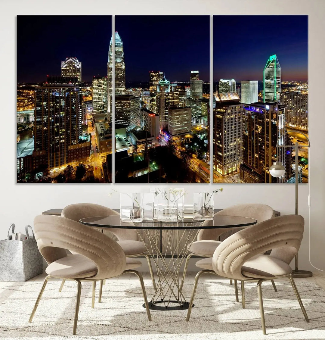 The Atlanta City Cityscape View Wall Art Canvas Print, crafted on museum-quality canvas with a UV-protective coating, elegantly hangs above the sofa.