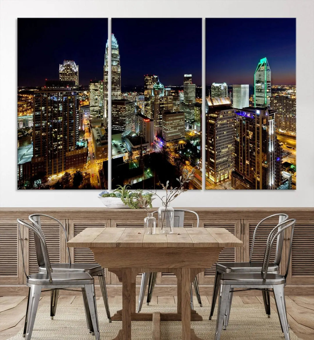 The Atlanta City Cityscape View Wall Art Canvas Print, crafted on museum-quality canvas with a UV-protective coating, elegantly hangs above the sofa.