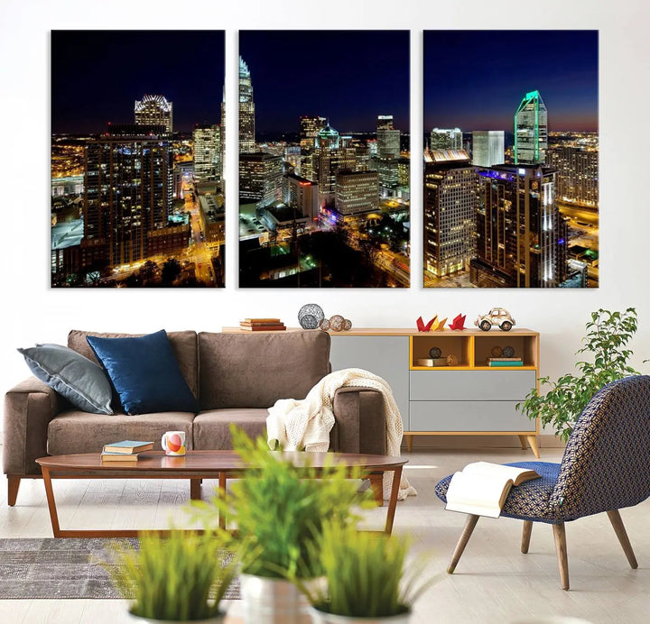 The Atlanta City Cityscape View Wall Art Canvas Print, crafted on museum-quality canvas with a UV-protective coating, elegantly hangs above the sofa.