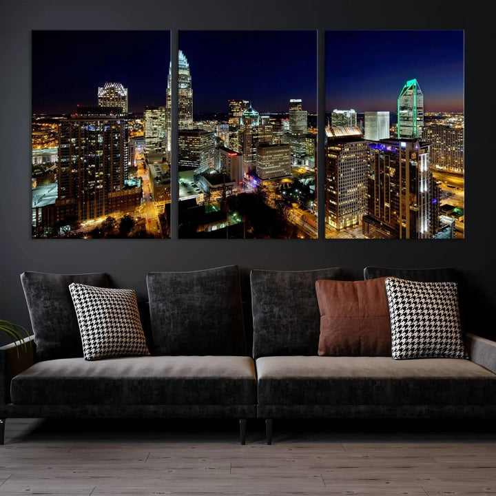 The Atlanta City Cityscape View Wall Art Canvas Print, crafted on museum-quality canvas with a UV-protective coating, elegantly hangs above the sofa.