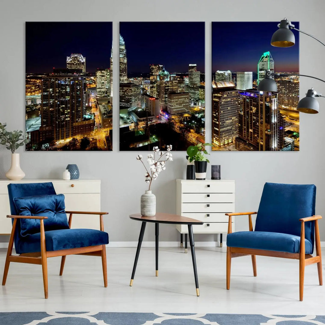 The Atlanta City Cityscape View Wall Art Canvas Print, crafted on museum-quality canvas with a UV-protective coating, elegantly hangs above the sofa.