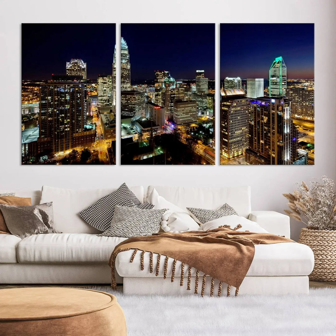 The Atlanta City Cityscape View Wall Art Canvas Print, crafted on museum-quality canvas with a UV-protective coating, elegantly hangs above the sofa.