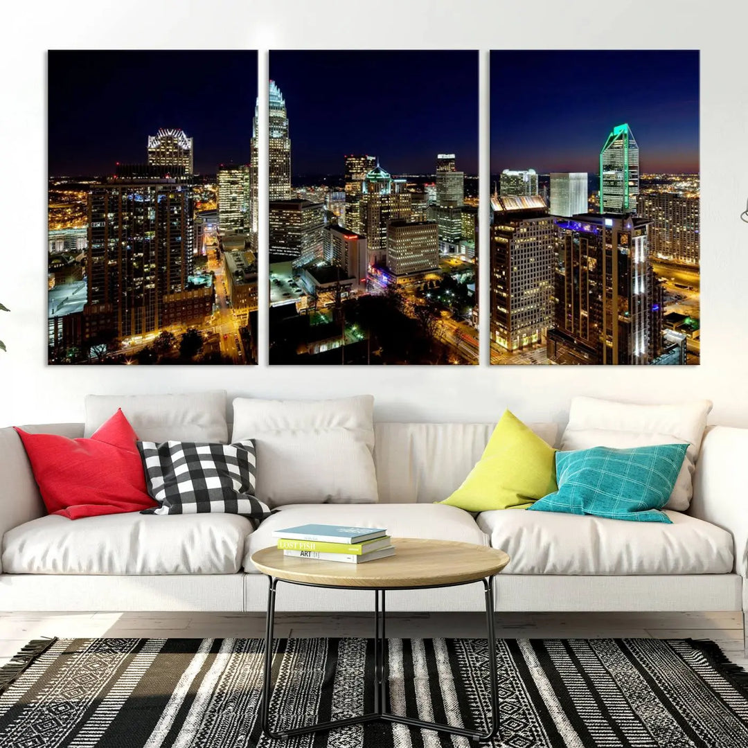 The Atlanta City Cityscape View Wall Art Canvas Print, crafted on museum-quality canvas with a UV-protective coating, elegantly hangs above the sofa.