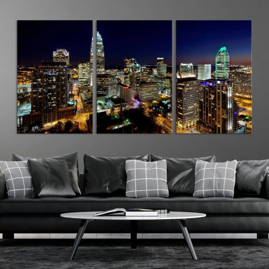 The Atlanta City Cityscape View Wall Art Canvas Print, crafted on museum-quality canvas with a UV-protective coating, elegantly hangs above the sofa.