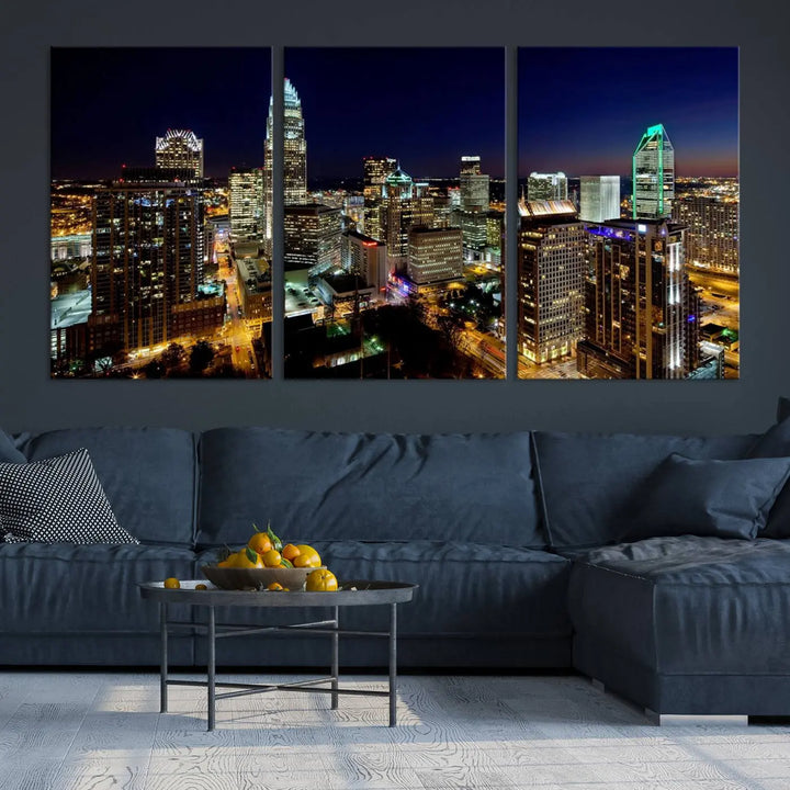 The Atlanta City Cityscape View Wall Art Canvas Print, crafted on museum-quality canvas with a UV-protective coating, elegantly hangs above the sofa.