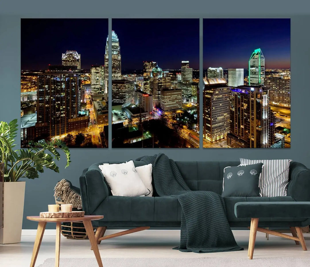 The Atlanta City Cityscape View Wall Art Canvas Print, crafted on museum-quality canvas with a UV-protective coating, elegantly hangs above the sofa.