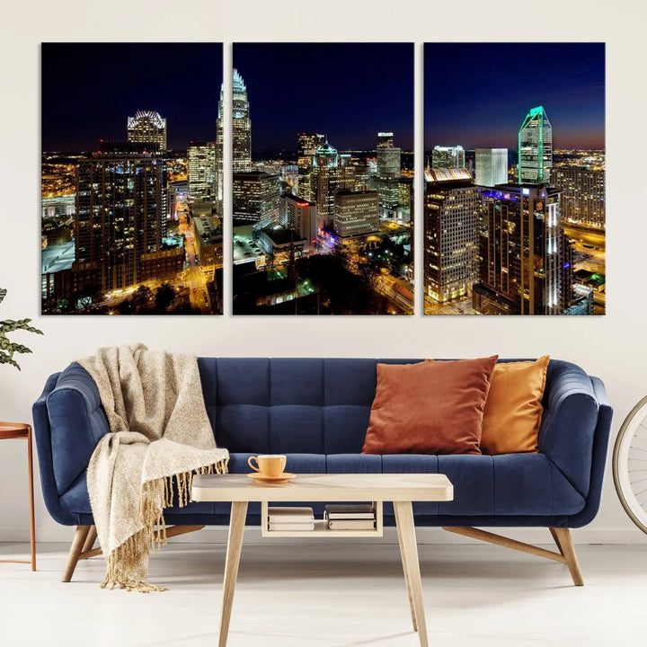 The Atlanta City Cityscape View Wall Art Canvas Print, crafted on museum-quality canvas with a UV-protective coating, elegantly hangs above the sofa.