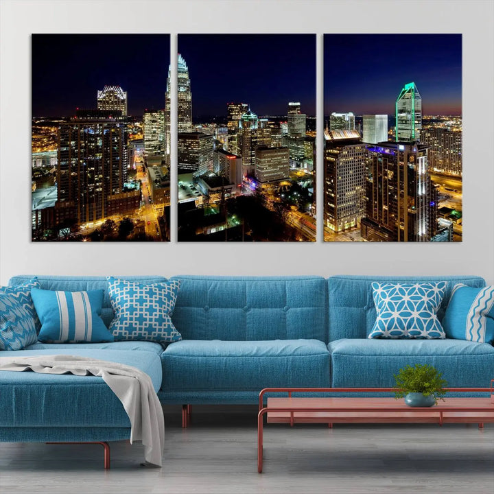 The Atlanta City Cityscape View Wall Art Canvas Print, crafted on museum-quality canvas with a UV-protective coating, elegantly hangs above the sofa.