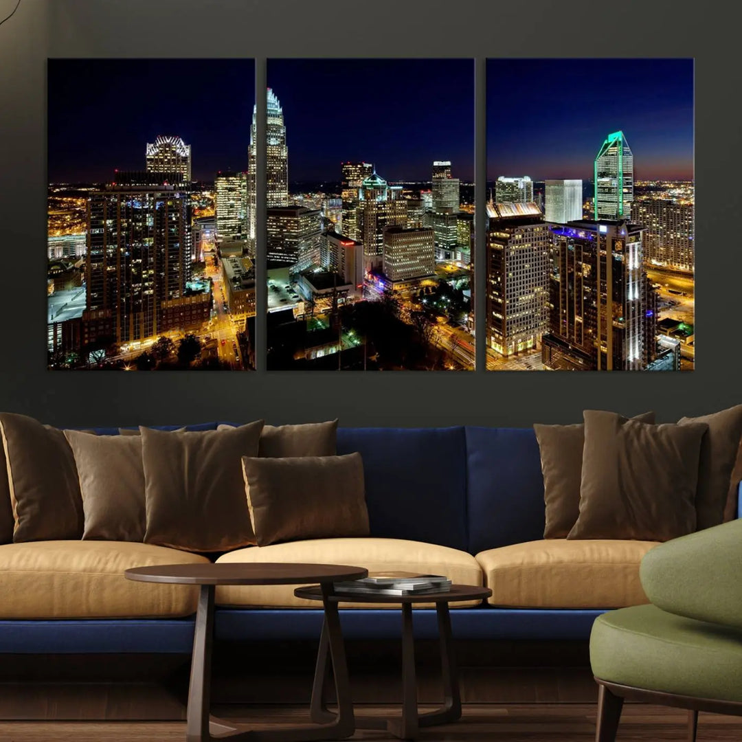 The Atlanta City Cityscape View Wall Art Canvas Print, crafted on museum-quality canvas with a UV-protective coating, elegantly hangs above the sofa.