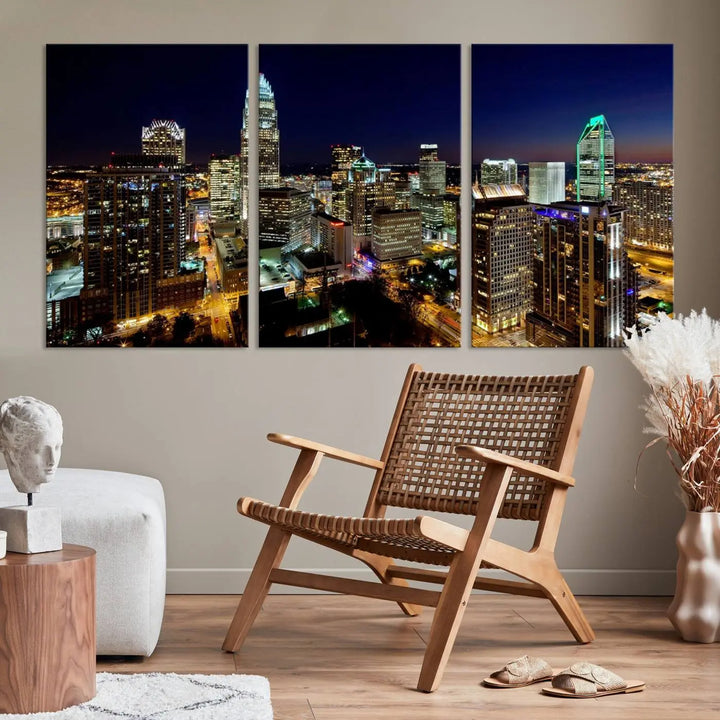 The Atlanta City Cityscape View Wall Art Canvas Print, crafted on museum-quality canvas with a UV-protective coating, elegantly hangs above the sofa.