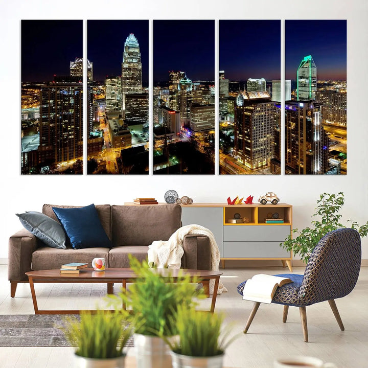 The Atlanta City Cityscape View Wall Art Canvas Print, crafted on museum-quality canvas with a UV-protective coating, elegantly hangs above the sofa.