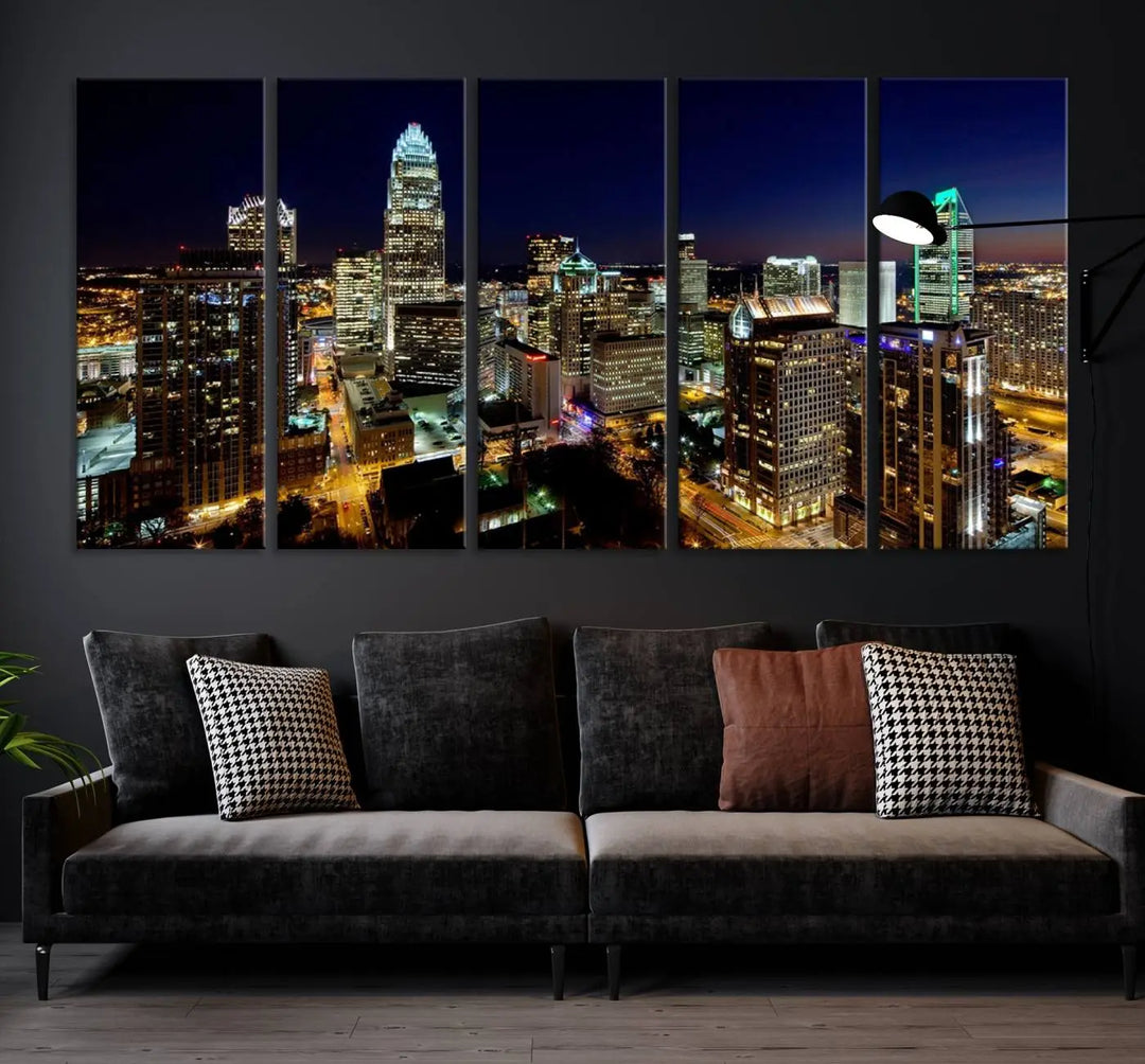 The Atlanta City Cityscape View Wall Art Canvas Print, crafted on museum-quality canvas with a UV-protective coating, elegantly hangs above the sofa.