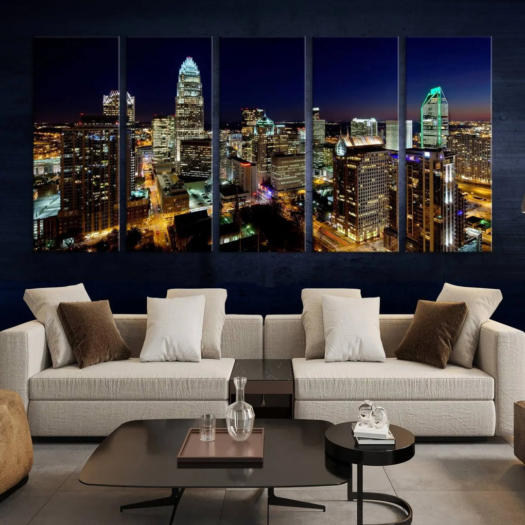 The Atlanta City Cityscape View Wall Art Canvas Print, crafted on museum-quality canvas with a UV-protective coating, elegantly hangs above the sofa.