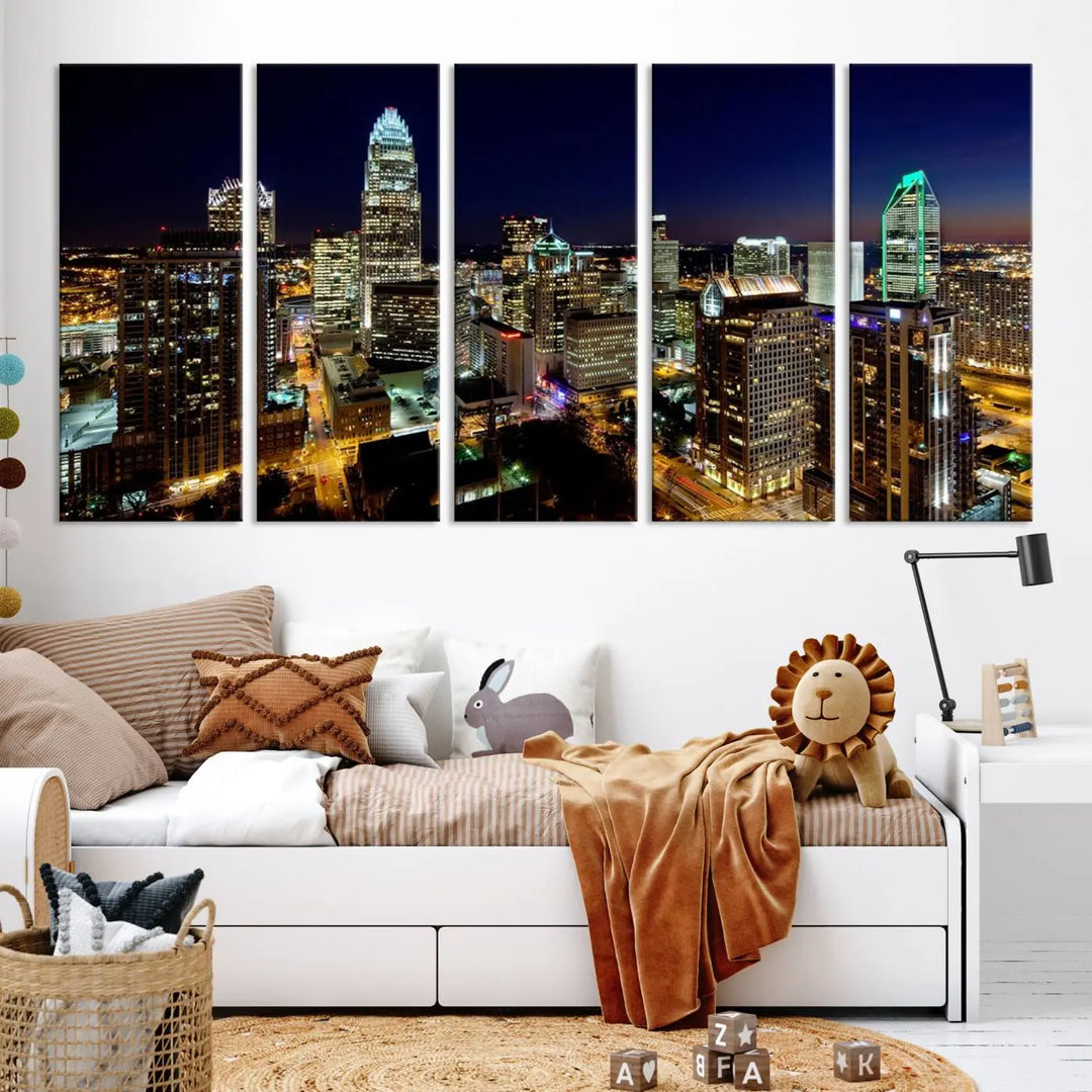 The Atlanta City Cityscape View Wall Art Canvas Print, crafted on museum-quality canvas with a UV-protective coating, elegantly hangs above the sofa.