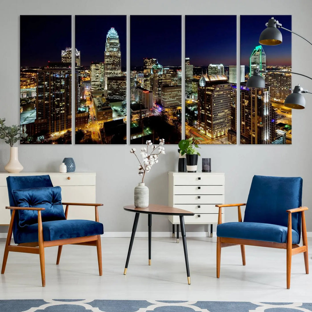 The Atlanta City Cityscape View Wall Art Canvas Print, crafted on museum-quality canvas with a UV-protective coating, elegantly hangs above the sofa.