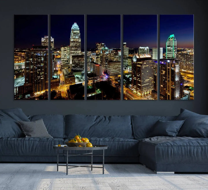 The Atlanta City Cityscape View Wall Art Canvas Print, crafted on museum-quality canvas with a UV-protective coating, elegantly hangs above the sofa.