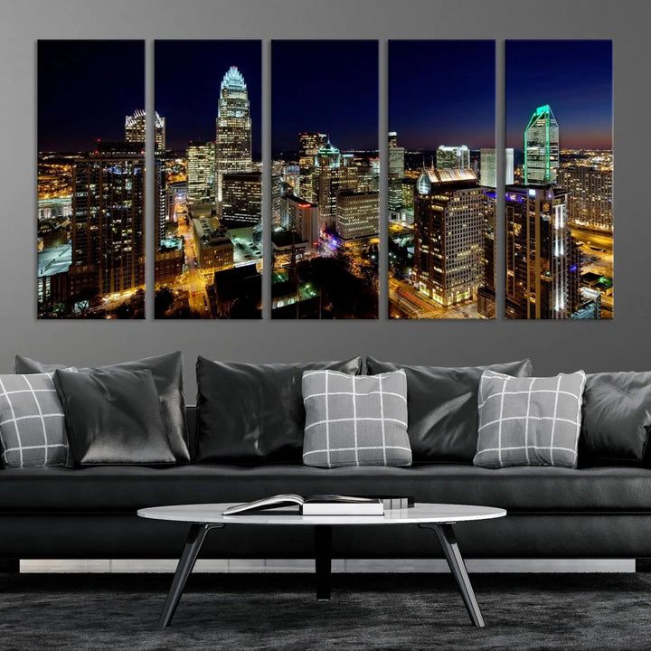 The Atlanta City Cityscape View Wall Art Canvas Print, crafted on museum-quality canvas with a UV-protective coating, elegantly hangs above the sofa.