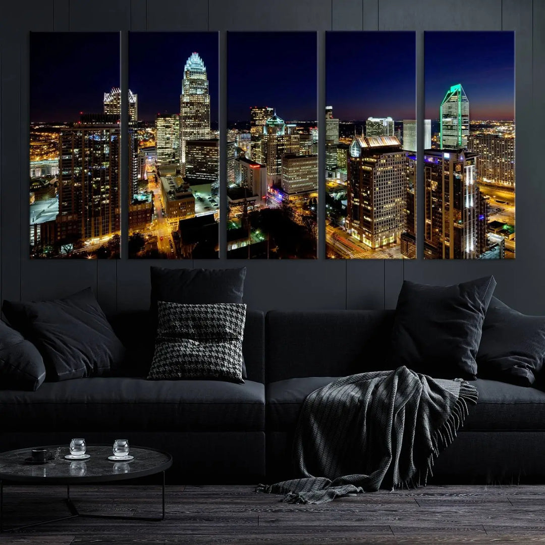 The Atlanta City Cityscape View Wall Art Canvas Print, crafted on museum-quality canvas with a UV-protective coating, elegantly hangs above the sofa.