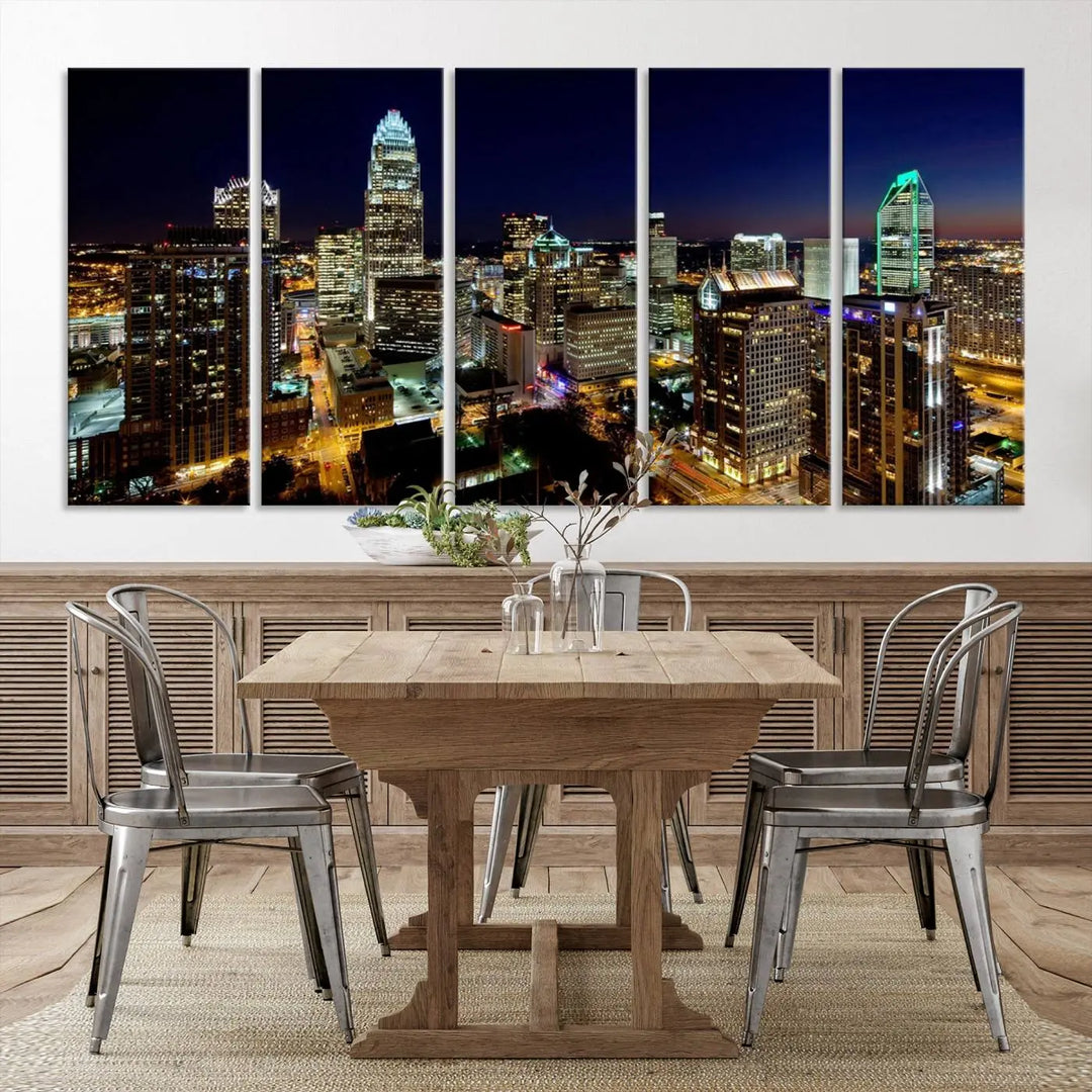 The Atlanta City Cityscape View Wall Art Canvas Print, crafted on museum-quality canvas with a UV-protective coating, elegantly hangs above the sofa.