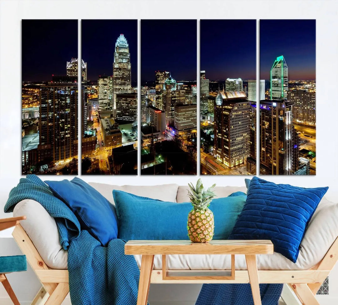 The Atlanta City Cityscape View Wall Art Canvas Print, crafted on museum-quality canvas with a UV-protective coating, elegantly hangs above the sofa.