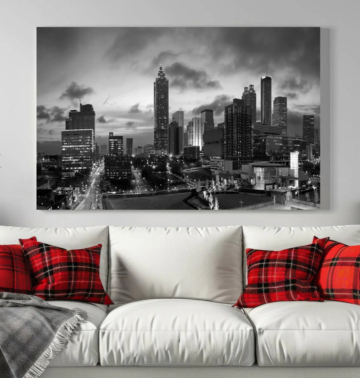 Elevate your space with the Atlanta City Cloudy Skyline Black and White Wall Art, expertly printed on museum-quality canvas. This eye-catching piece comes ready to hang after being professionally hand-assembled for a flawless finish.