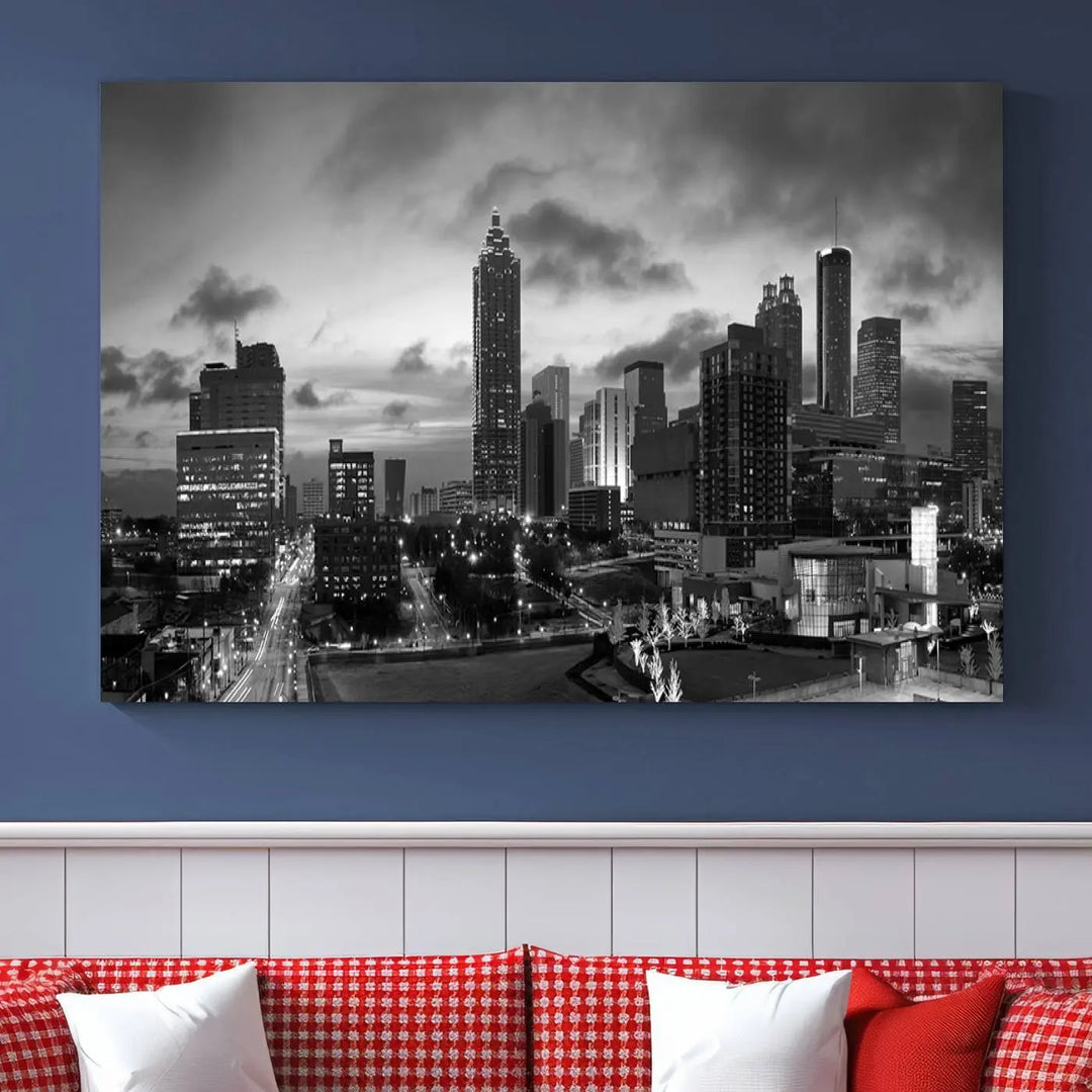 Elevate your space with the Atlanta City Cloudy Skyline Black and White Wall Art, expertly printed on museum-quality canvas. This eye-catching piece comes ready to hang after being professionally hand-assembled for a flawless finish.