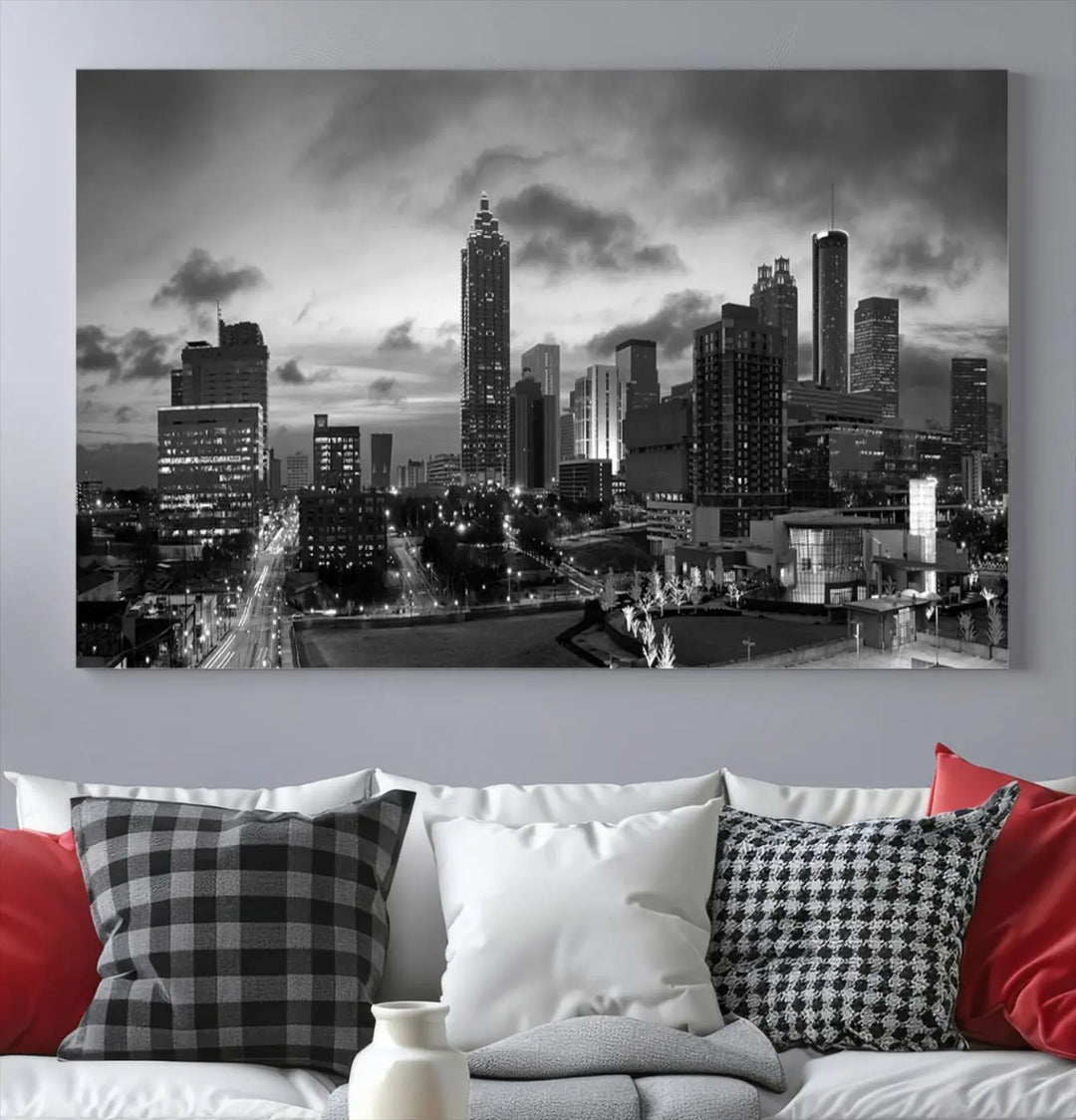 Elevate your space with the Atlanta City Cloudy Skyline Black and White Wall Art, expertly printed on museum-quality canvas. This eye-catching piece comes ready to hang after being professionally hand-assembled for a flawless finish.