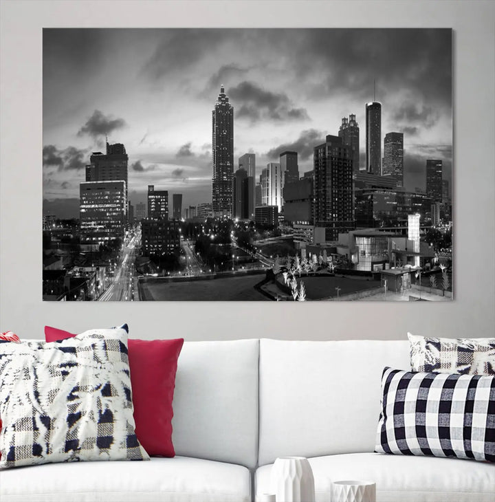 Elevate your space with the Atlanta City Cloudy Skyline Black and White Wall Art, expertly printed on museum-quality canvas. This eye-catching piece comes ready to hang after being professionally hand-assembled for a flawless finish.