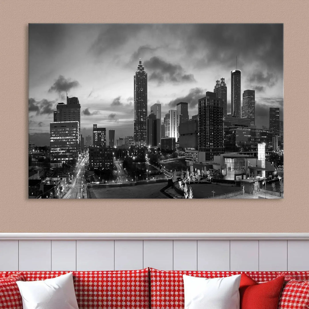 Elevate your space with the Atlanta City Cloudy Skyline Black and White Wall Art, expertly printed on museum-quality canvas. This eye-catching piece comes ready to hang after being professionally hand-assembled for a flawless finish.