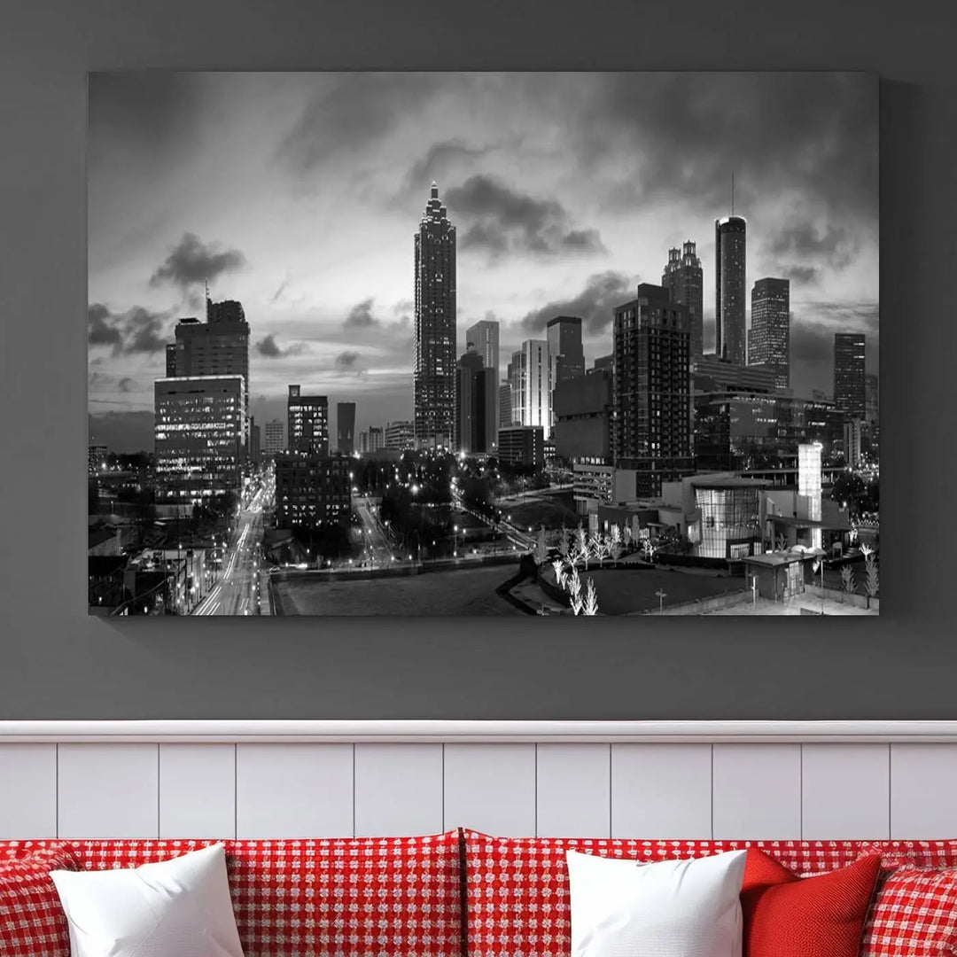 Elevate your space with the Atlanta City Cloudy Skyline Black and White Wall Art, expertly printed on museum-quality canvas. This eye-catching piece comes ready to hang after being professionally hand-assembled for a flawless finish.