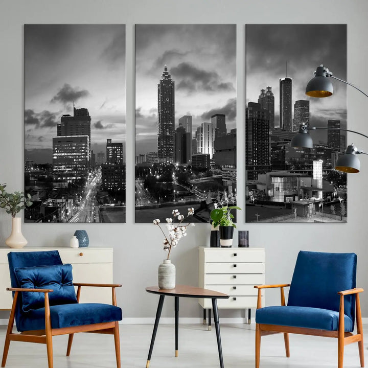 Elevate your space with the Atlanta City Cloudy Skyline Black and White Wall Art, expertly printed on museum-quality canvas. This eye-catching piece comes ready to hang after being professionally hand-assembled for a flawless finish.