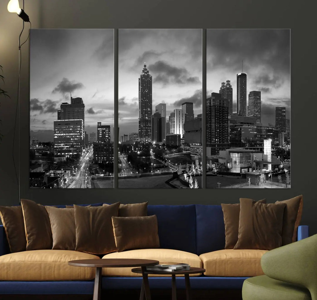 Elevate your space with the Atlanta City Cloudy Skyline Black and White Wall Art, expertly printed on museum-quality canvas. This eye-catching piece comes ready to hang after being professionally hand-assembled for a flawless finish.