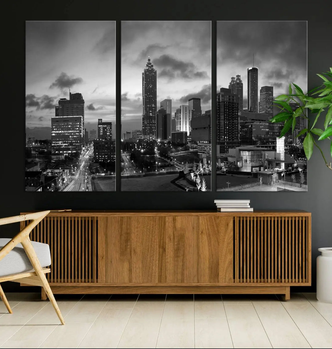 Elevate your space with the Atlanta City Cloudy Skyline Black and White Wall Art, expertly printed on museum-quality canvas. This eye-catching piece comes ready to hang after being professionally hand-assembled for a flawless finish.