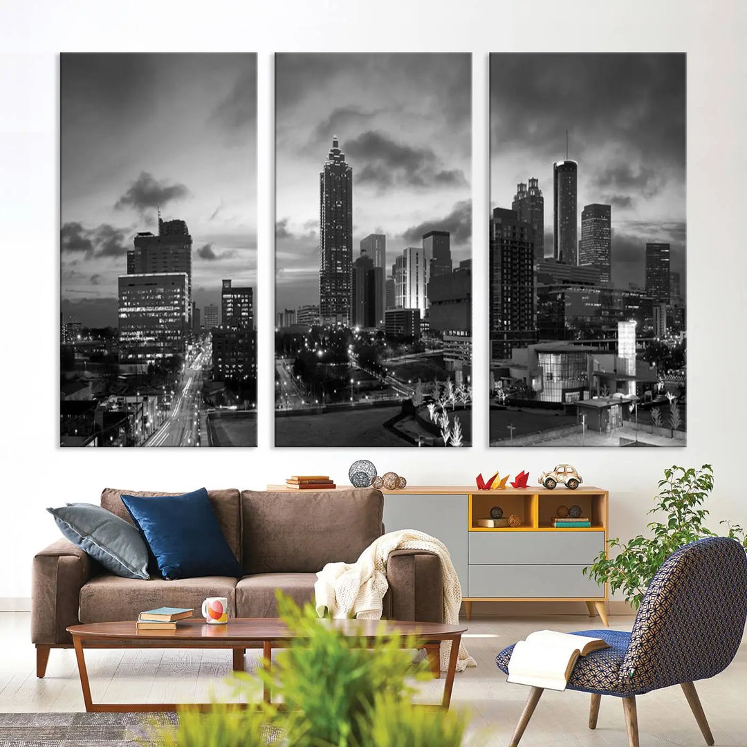 Elevate your space with the Atlanta City Cloudy Skyline Black and White Wall Art, expertly printed on museum-quality canvas. This eye-catching piece comes ready to hang after being professionally hand-assembled for a flawless finish.