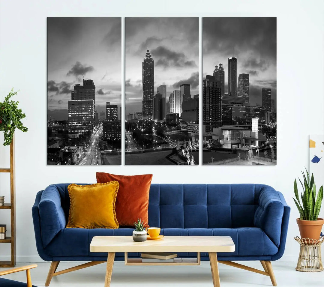 Elevate your space with the Atlanta City Cloudy Skyline Black and White Wall Art, expertly printed on museum-quality canvas. This eye-catching piece comes ready to hang after being professionally hand-assembled for a flawless finish.