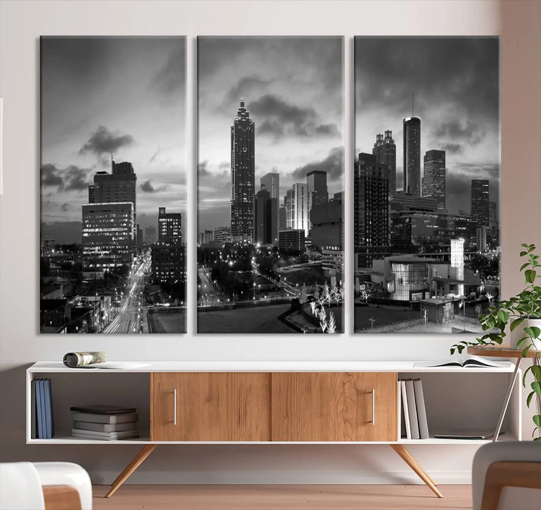 Elevate your space with the Atlanta City Cloudy Skyline Black and White Wall Art, expertly printed on museum-quality canvas. This eye-catching piece comes ready to hang after being professionally hand-assembled for a flawless finish.